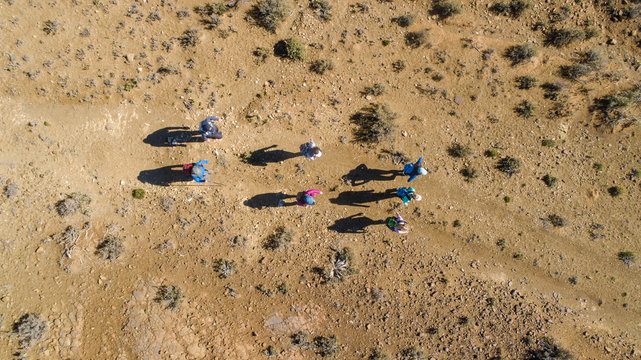 Aerial image of a group of hikers doing a hiking train in the karoo region of south africa