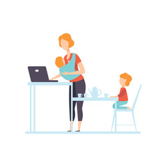 Young Mom with Baby in Sling Working on Laptop Computer, Her Oldest Daughter Playing Next To Her, Freelancer, Parent Working with Child, Mommy Businesswoman Vector Illustration