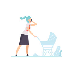 Young Mom in Business Clothes Walking with Stroller and Talking on Phone, Freelancer, Parent Working with Child, Mommy Businesswoman Vector Illustration