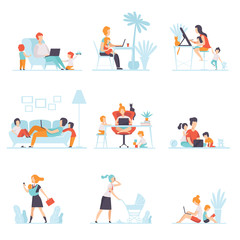 Parents Working at Home on Computers Set, Their Children Playing Next to Them, Mothers and Fathers Working with Children, Businesspeople Vector Illustration