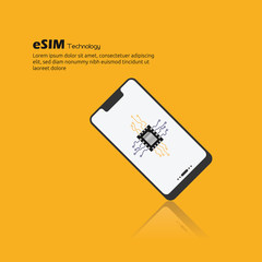 eSIM Embedded SIM card network symbol concept. SIM concept with new mobile communication technology. Reflection design with orange background.