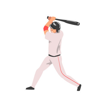 Baseball Player Swinging Bat, Male Athlete Character in Sports Uniform and Helmet, Active Sport Healthy Lifestyle Vector Illustration