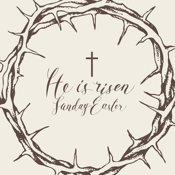 Vector Easter banner with handwritten inscriptions He is risen, Sunday Easter, with crown of thorns and cross