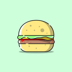 A Hamburger with cheese on green background. Fast food dinner.