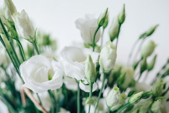 Bouquet of white eustom. Flowers close-up. Petals. White petals. Delicate. Wedding flowers. Flower delivery. Eco-package. Flowers in a paper bag. Eco-packaging. Flowers in the box.