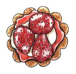 Sweet dessert, strawberry cupcake, hand drawn watercolor