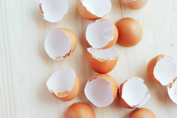 Brown eggshell on wooden background