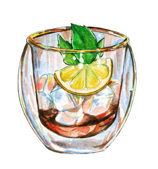 Ice tea with mint branch and lemon isolated on white, hand drawn watercolor