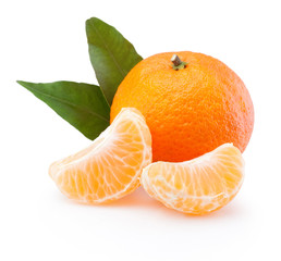Tangerine with leaf and peeled slices isolated on white background