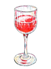 Red drink in a transparent glass with splashes on white, hand drawn watercolor