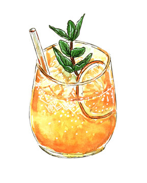 Orange drink St Clement's Punch with mint branch isolated on white, hand drawn watercolor