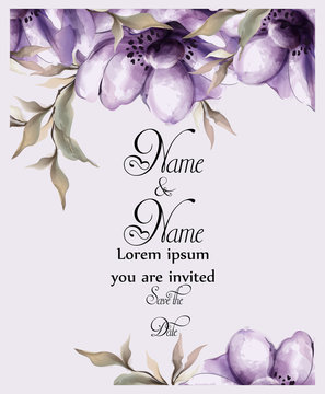 Purple Flowers Card Watercolor Vector. Wedding Invitation Ceremony. Spring Trendy Painted Decors