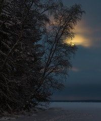 Winter nature landscape with frozen lake and full moon