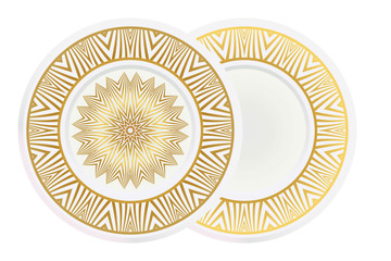 decorative plates for interior design. Empty dish, porcelain plate mock up design. Vector illustration. Decorative plates with stilish ornament patterns. Home decor background.