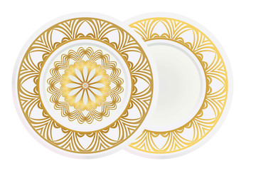 Set of 2 matching decorative plates for interior design. Empty dish, porcelain plate mock up design. Vector illustration. Decorative plates with Mandala ornament patterns. Home decor background.