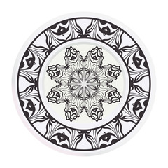 Plates for interior design. Porcelain plate with mandala ornament. Vector illustration. Isolated. Round geometric floral pattern. Interior decoration, home decor element