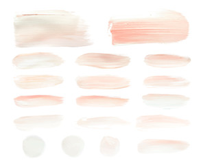 Vector pink paint smear stroke stain set. Abstract pink glittering textured art illustration. Acrylic Texture Paint Stain Illustration. Hand drawn brush strokes vector elements. Acrilyc strokes.