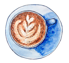 A cup of cappuccino, hand drawn watercolor
