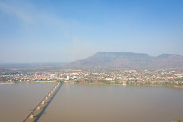 Top view of Pakse Bridge and Mekong River in Laos