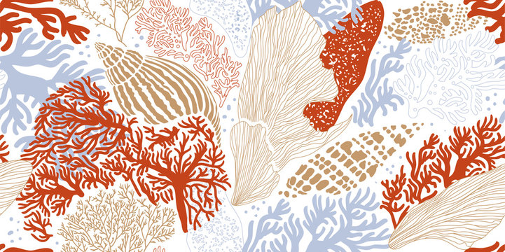 Sea shells, algae and corals. Hand-drawn seamless pattern. Vector illustration for printing, fabric, textile, manufacturing, wallpapers. Sea bottom.