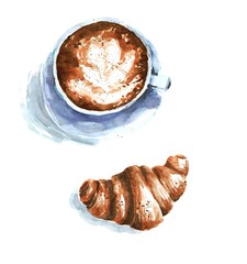 French breackfast: coffee with croissant. Hand drawn waterolor illustration.