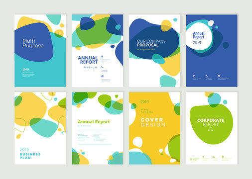 Set of brochure, annual report, flyer design templates in A4 size. Vector illustrations for business presentation, business paper, corporate document cover and layout template designs.