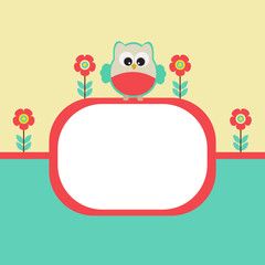 Vector postcard frame nature. Cute owl with flowers.