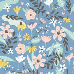 Materiał do szycia Seamless pattern with flowers, leaves and berries. Vector spring template. Design for paper, cover, fabric, interior decor