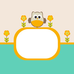 Vector postcard frame nature. Cute owl with flowers.