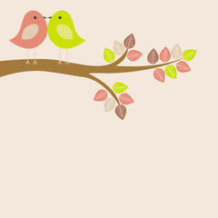 Vector greeting card on the theme of nature. Cute birds sitting on a tree.