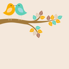 Vector greeting card on the theme of nature. Cute birds sitting on a tree.