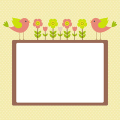Vector postcard frame nature. Cute birds with flowers.