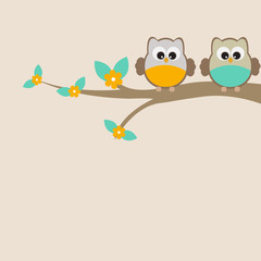Vector greeting card on the theme of nature. Cute owls sitting on a tree.