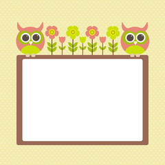 Vector postcard frame nature. Cute owls with flowers.