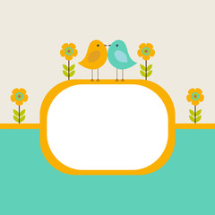 Vector postcard frame nature. Cute birds with flowers.