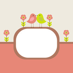 Vector postcard frame nature. Cute birds with flowers.