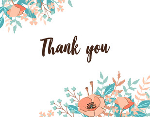 Classic and Refind Thank you card with flower frame background, hand drawn floral elements label. Vector design template, isolated. Card for wedding in trendy and fashion rust color