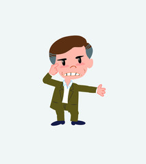 Businessman in casual style, is angry and points his head with his index finger.