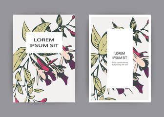Botanical wedding invitation card template design, hand drawn fuchsia flowers and leaves, pastel color vintage rural with square frame on white background, minimalist vintage style vector illustration