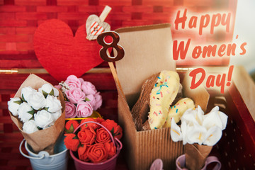 figure 8 a bouquet of flowers in a bucket. Happy Women's Day ( March 8) greeting card 