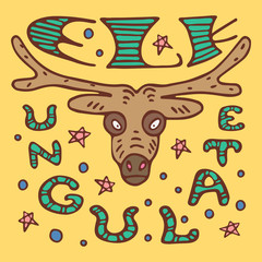 A colored poster with an elk, lettering and stars in a doodle style