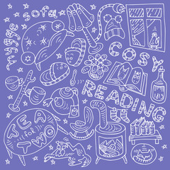 Cosy home white and purple doodle drawing with many hygge symbols