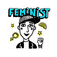 Feminist print. Girl portrait and feninist text on white background. Feminist movement, protest action, girl power. Vector illustration.