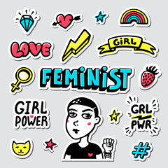 Feminist sticker set. Feminist cute hand drawing illustration for print, brochure, greeting card, bag, clothing. Girl portrait, inscriptions and icons for pins and stickers. Vector illustration.
