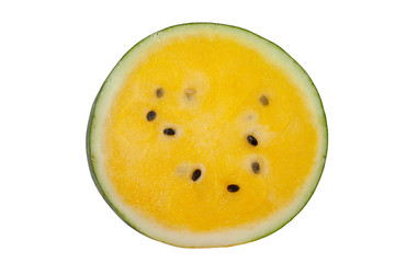 A slice half of fresh yellow watermelon isolated on white background with clipping path.