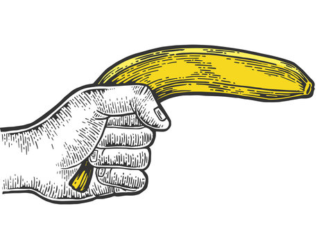 Hand aiming banana as pistol engraving vector illustration. Scratch board style imitation. Black and white hand drawn image.