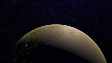 Old, vintage, planet Earth view, showing the terrain. Based on NASA data.