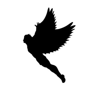 Flying man Icarus silhouette mythology symbol fantasy tale. Vector illustration.