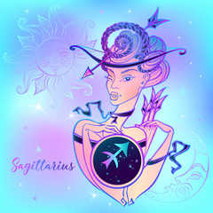 Zodiac sign Sagittarius a beautiful girl. Horoscope. Astrology. Vector.