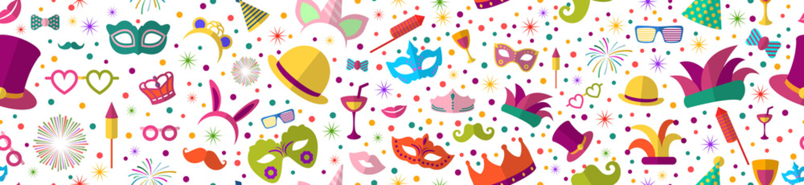 Celebration festive background with seamless pattern carnival icons. Party element for carnival, carnaval, mardi gras, fat tuesday, birthday, and photo booth.